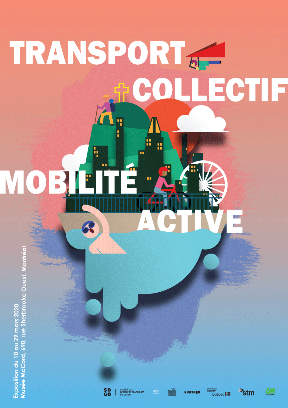 My submission for the SGDQ poster competition features a micro-environment of the city of Montreal populated with characters taking whacky alternatives of transportation. The whole atop a baby blue and pink sunset background. The title; "Transport Collectif, Mobilité Actif'