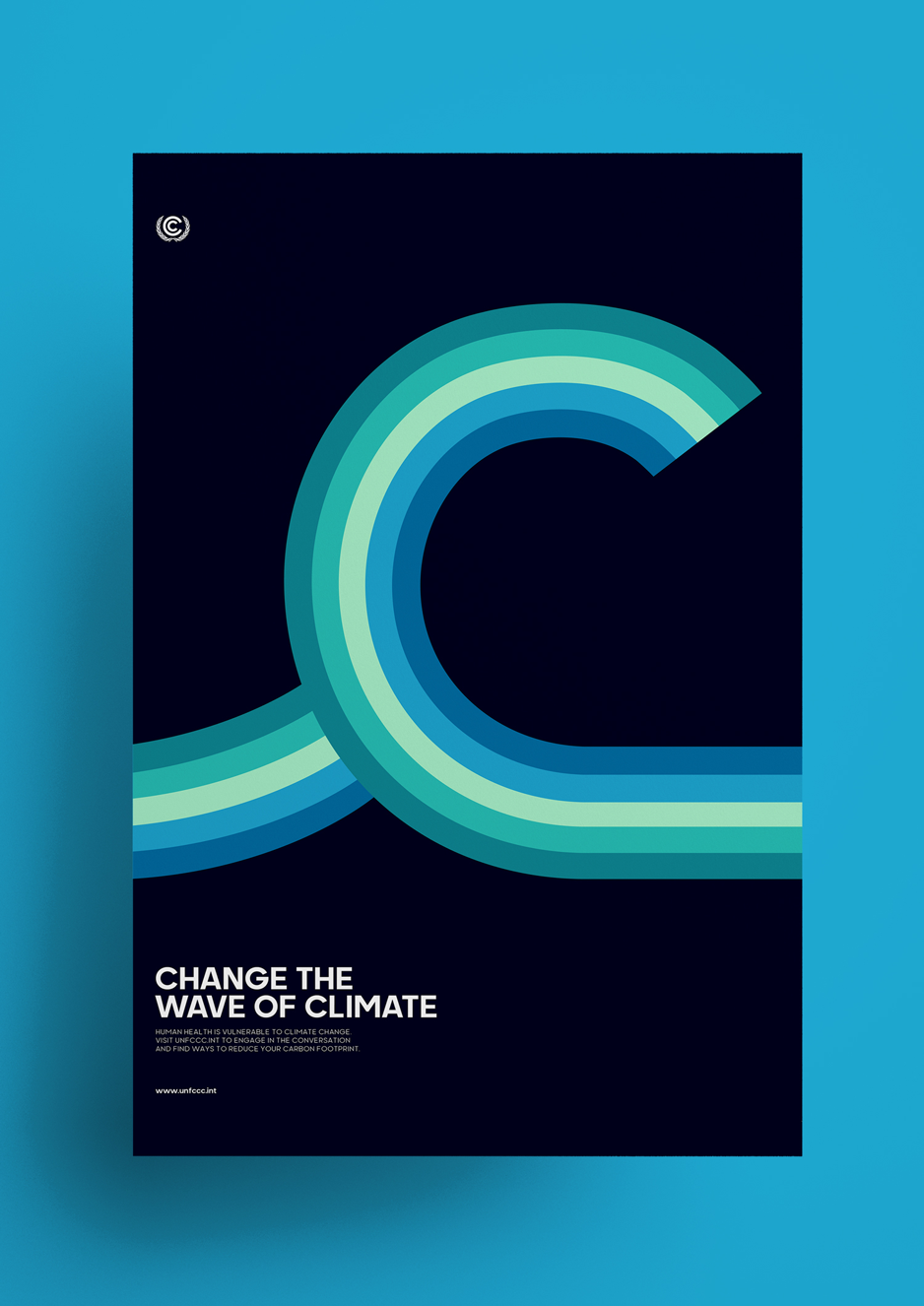 Climate change poster on a bright blue background