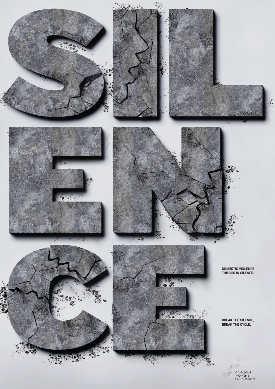 A poster depicting the word "Silence" rendered in cracked concrete to raise awareness about the importance of breaking the silence when it comes to domestic abuse.