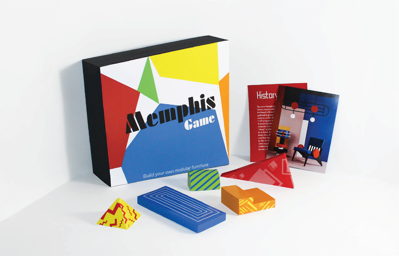 A colourful Memphis inspired game design with game pieces, packaging and informational cards.