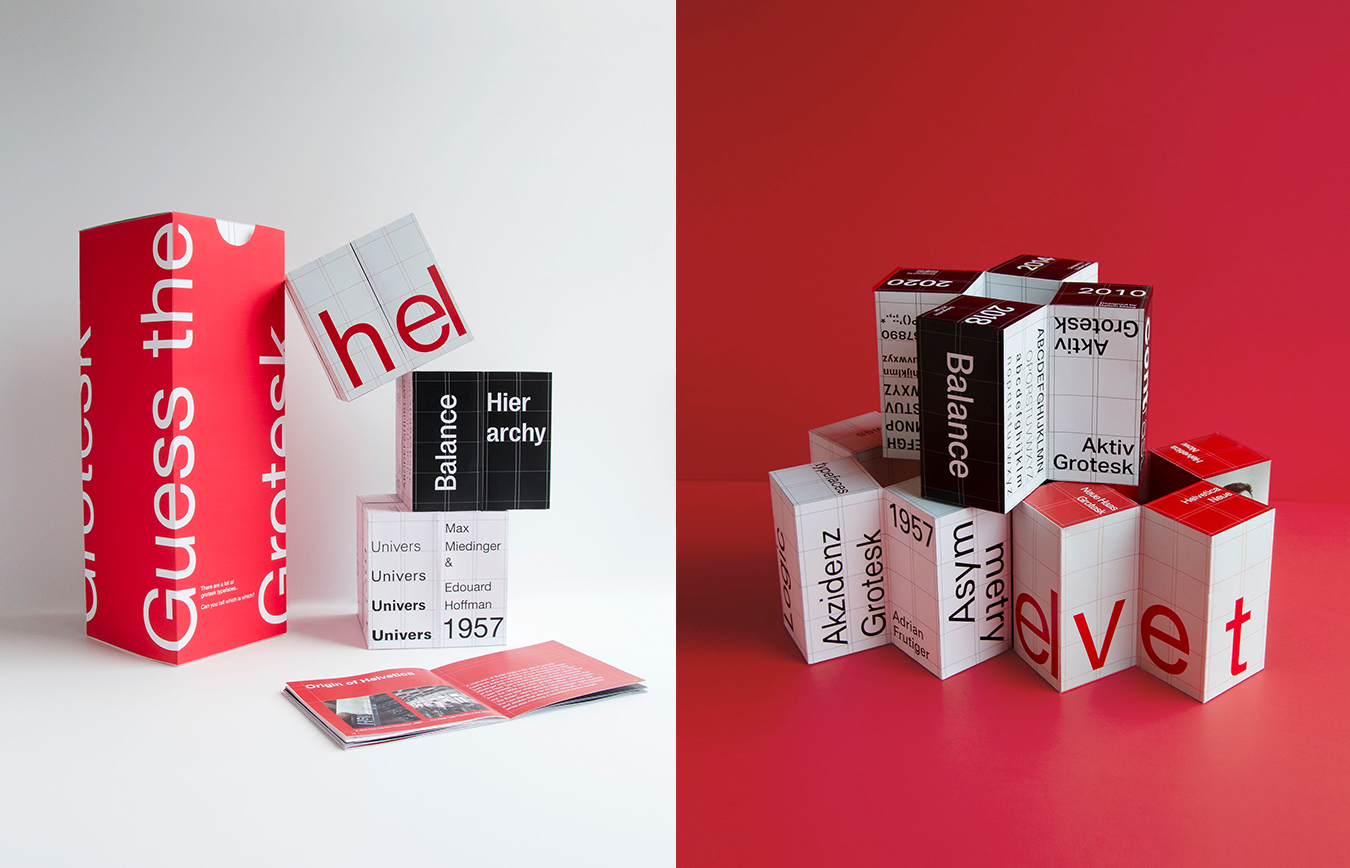 Swiss Style inspired game packaging with three stacked paper cubes that have grotesk fonts on all sides.
