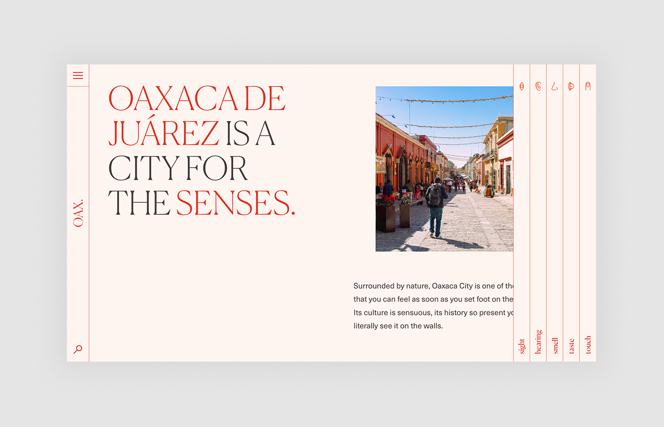 Homepage of a website about Oaxaca City organized according to the five senses.