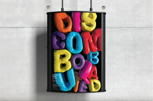 A colourful poster design with the word discombobuated created in 3D.